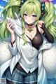 Anime girl with long green hair wearing a white coat.