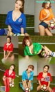 A group of girls in soccer uniforms posing for a picture.