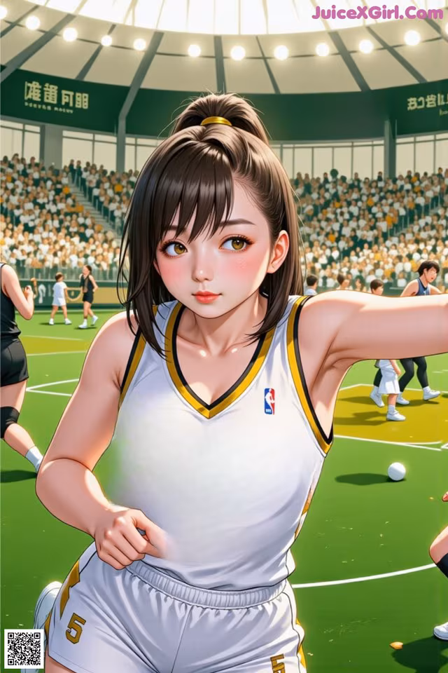 A woman in a basketball uniform standing on a basketball court.