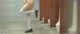 A woman in white stockings and black shoes standing in a public restroom.