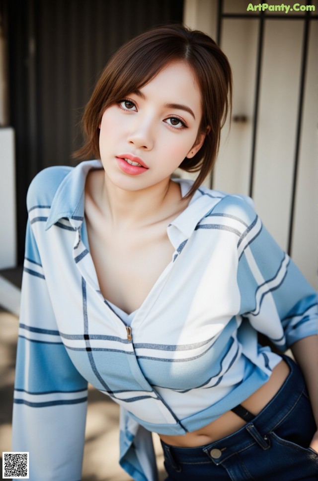 A woman wearing a blue and white striped shirt and jeans.